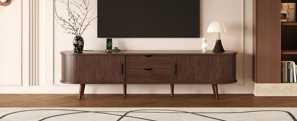 English Elm 70 Mid Century TV Stand with Rattan-Front Drawers, Tambour Doors, Built-In Outlets & Solid Wood Legs Dark Brown N710P339446P