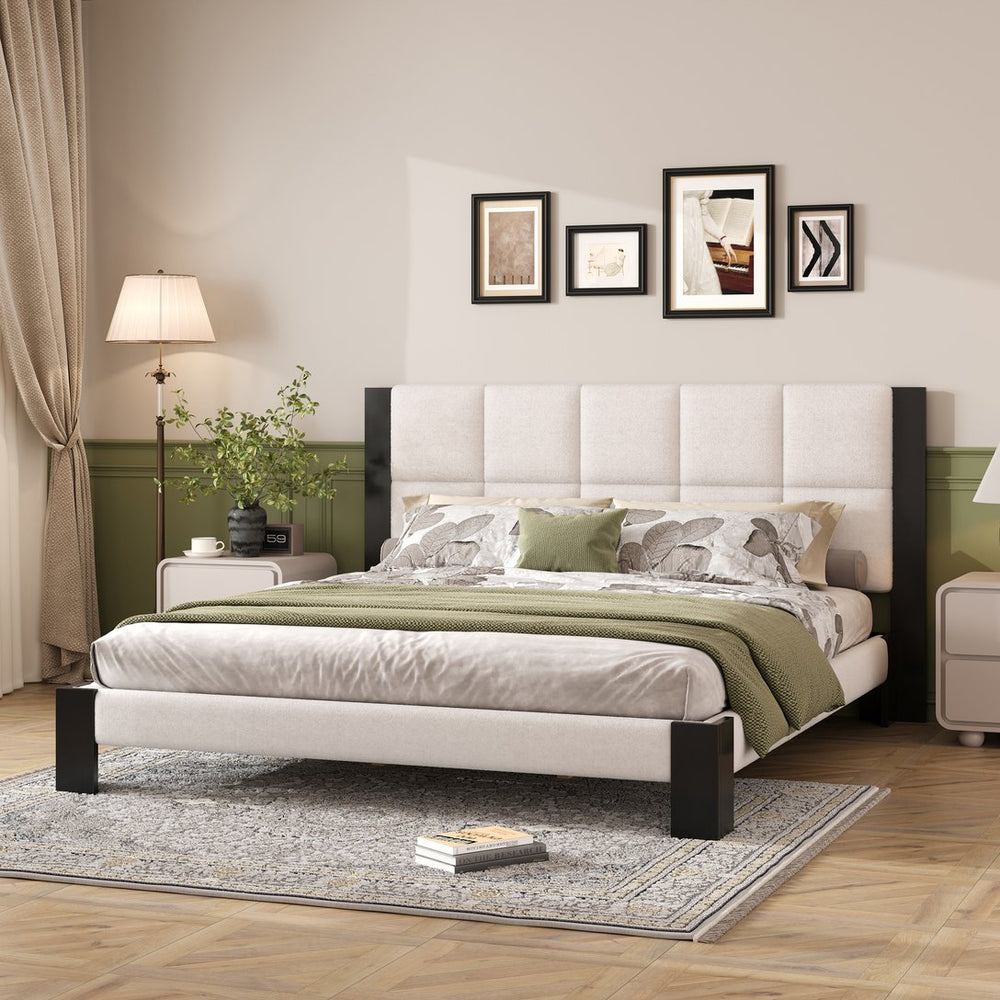 English Elm Christopher Knight Home® - Boucle Cal King Upholstered Platform Bed with Square-Stitched Headboard, Beige Fabric & Black Legs N758C546162A