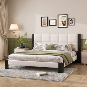 English Elm Christopher Knight Home® - Boucle Cal King Upholstered Platform Bed with Square-Stitched Headboard, Beige Fabric & Black Legs N758C546162A