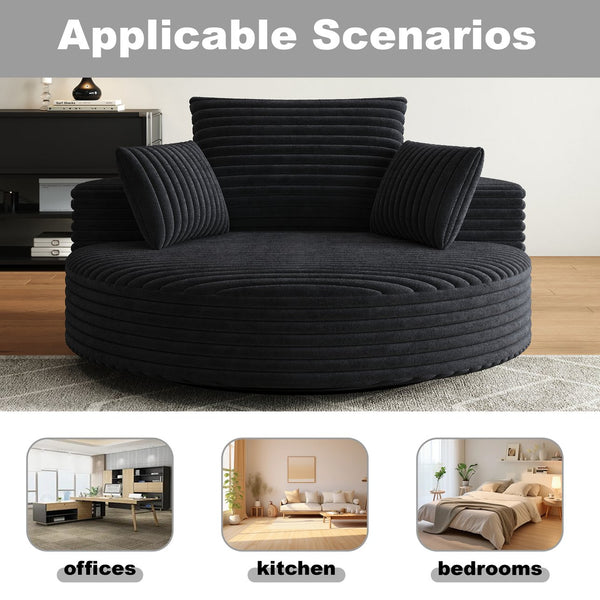 English Elm 55''l 55'l Faux Rabbit Fur Corduroy Swivel Lounge Chair Cloud Foam Seat for Bedroom Black W834S00448