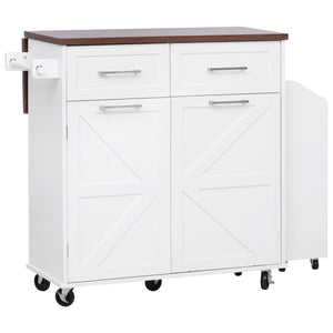 English Elm K&K 47.2" Farmhouse Kitchen Island with Drop Leaf, Removable Side Shelf, Trash Cabinet, Wheels White N707P307296W