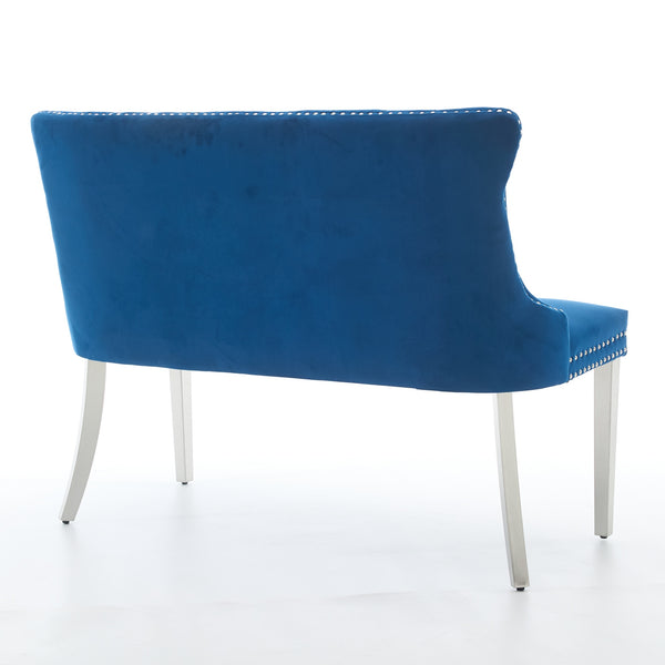 English Elm Velvet Wingback Dining Bench Tufted Two Seat Mid Century Modern Brushed Steel Base Blue W1143P406981