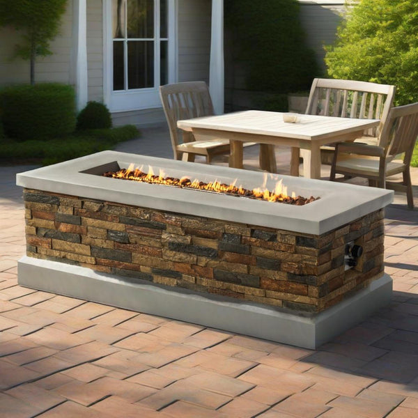 English Elm 60" Propane Gas Fire Pit Table 2-Pieces 60000 BTU Rectangular Concrete Sandstone with Cover & Lava Rocks W853S00007