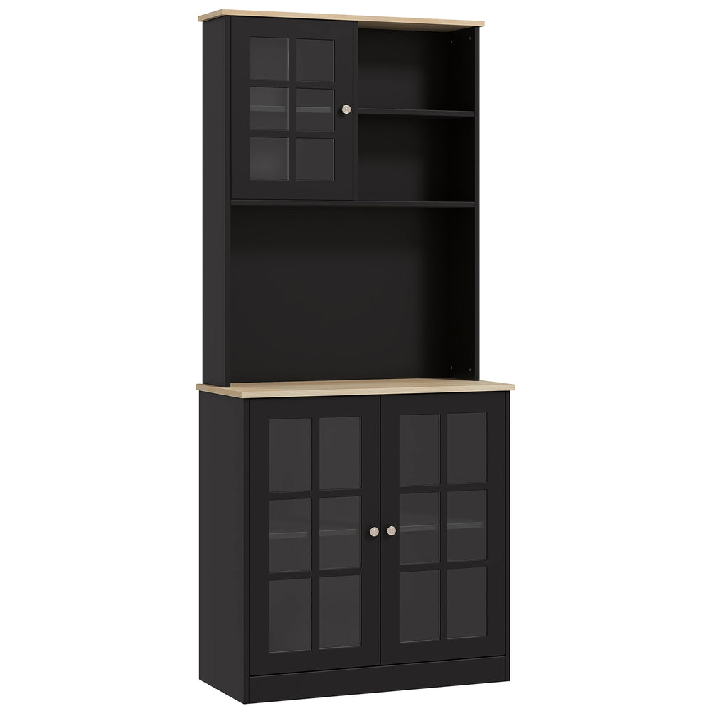 English Elm HOMCOM 72" Kitchen Pantry Hutch Cabinet with Glass Doors, Large Countertop, Adjustable Shelves, Black W2225P200665