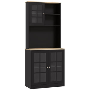 English Elm HOMCOM 72" Kitchen Pantry Hutch Cabinet with Glass Doors, Large Countertop, Adjustable Shelves, Black W2225P200665