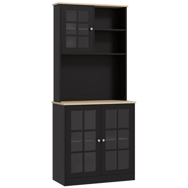 English Elm HOMCOM 72" Kitchen Pantry Hutch Cabinet with Glass Doors, Large Countertop, Adjustable Shelves, Black W2225P200665