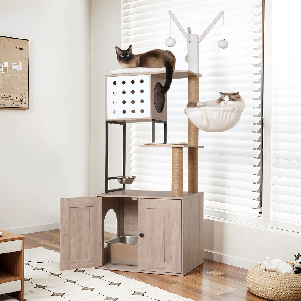 English Elm Cat Condo Tower with Hidden Litter Enclosure Sisal Posts and Feeding Station W1687P304380