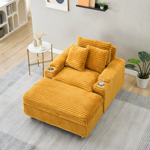 English Elm Orange Corduroy Single Sofa with Ottoman Storage, Built-In Armrest Compartments, Removable Pillow Covers W1658S00140