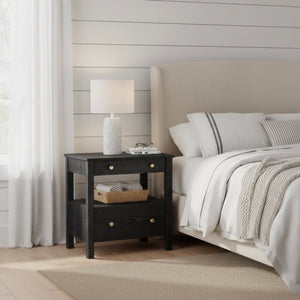 English Elm Danielle Modern 2-Drawer Nightstand in Black Oak Veneer with Gold Knobs, Smooth Glides & Shelf B050P376972