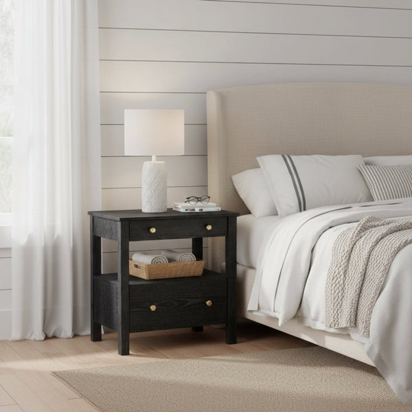 English Elm Danielle Modern 2-Drawer Nightstand in Black Oak Veneer with Gold Knobs, Smooth Glides & Shelf B050P376972