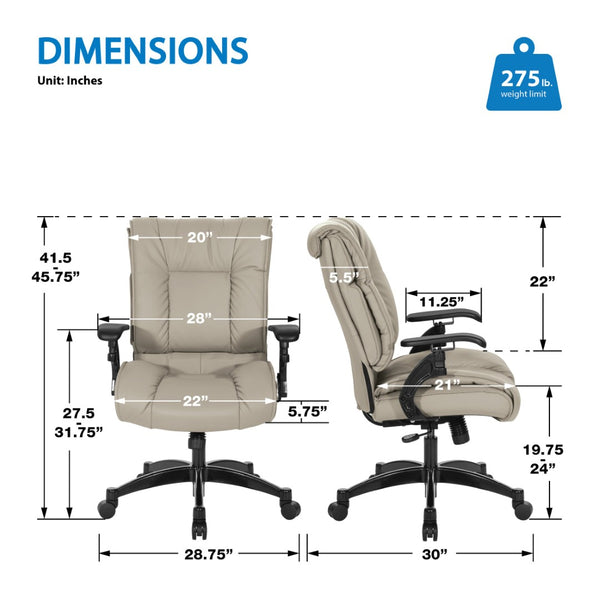 OSP Home Furnishings Leather Executive Conference Chair with Lumbar Support Pillow Top Seat and Ergonomic Arms Taupe 9333E-EC21