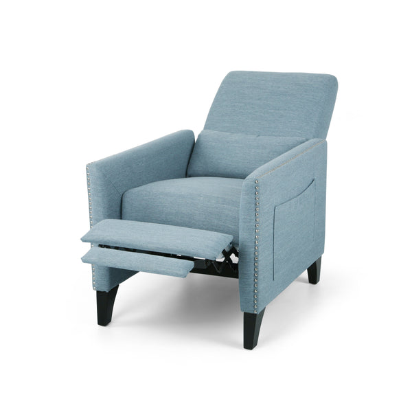 English Elm Christopher Knight Home® - PUSH Light Blue Fabric Push-Back Recliner with Nailhead Accents, Birch Wood Legs, Comfortable Relaxing Seat 65532.00LBLU