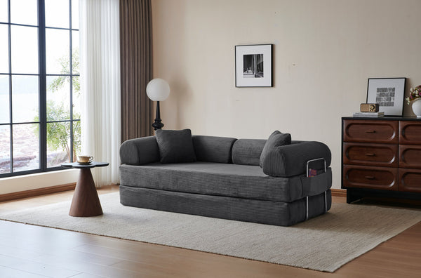 English Elm 78.8" Corduroy Modular Floor Sofa Convertible Sleeper Futon with Pillow Back Support Gray W5617P456004