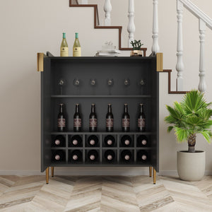 English Elm 2 Door Wine Bar Cabinet with 12-Bottle Rack, Soft-Close Hinges, Adjustable Shelf & Elevated Metal Legs Black W2899P372313