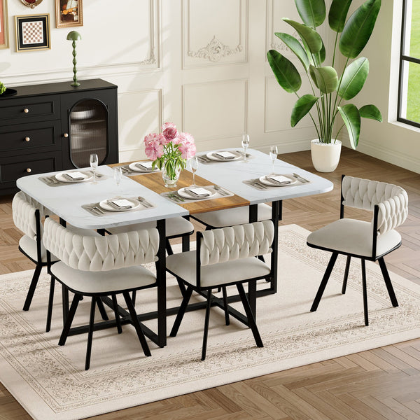 English Elm 7-piece Rectangular Dining Set Faux Marble Velvet Chairs Modern Apartment Table W3875S00133