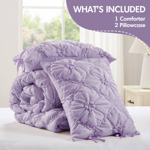 JLA Home Intelligent Design - 3PCS Puffy Floral Comforter Set with Bow-Tie Accents, Brushed Microfiber, OEKO-TEX Certified Elegance Purple ID10-2475