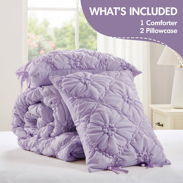 JLA Home Intelligent Design - 3PCS Shabby-Chic Floral Comforter Set with Puffy Quilting, Bow-Tie Accents, Breathable Microfiber Cozy Appeal Purple ID10-2474