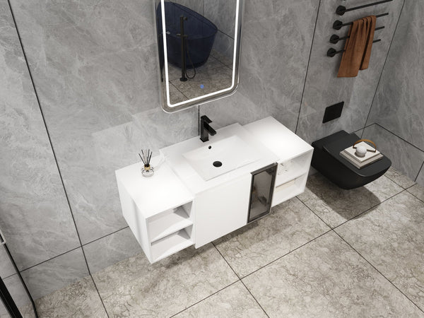 English Elm 48" Floating Bathroom Vanity with Ceramic Sink Soft Close Doors and Grey Glass Panel W999S00529