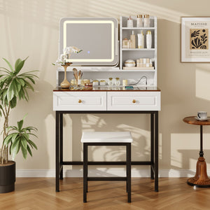 English Elm Makeup Vanity Set with Rotating Led Mirror Amber Glass Top Drawers and Charging Station N704P385441K
