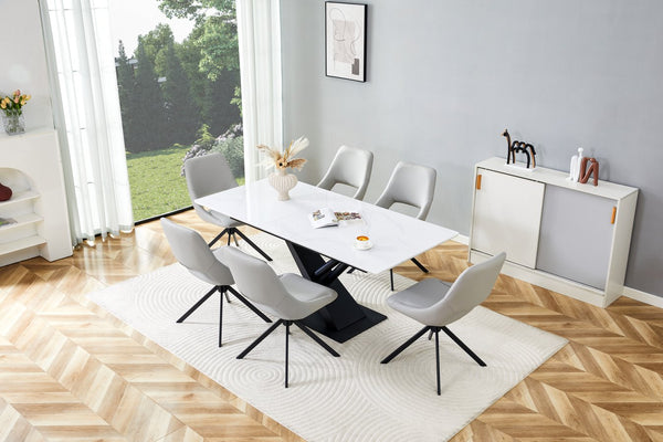 English Elm Modern Extendable Dining Table with Walnut MDF Veneer Top, Dual V-Shaped Metal Base, Sleek Durable Design White Marble W3493S00006