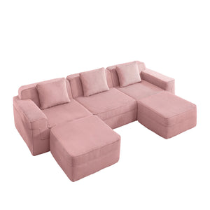 English Elm Modular 3-Seat U-Shape Sectional Sofa In Soft Pink Corduroy With Ottomans & Plush Throw Pillows W3041S00340