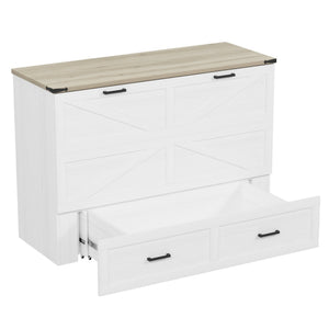 English Elm Queen Farmhouse Murphy Cabinet Bed with Charging Station and Storage Drawer White N733S361778W