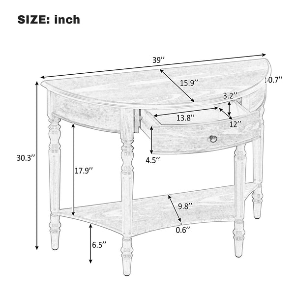 English Elm Trexm Farmhouse Half Moon Entryway Console with Drawer Open Shelf Pine Legs N715P383795D