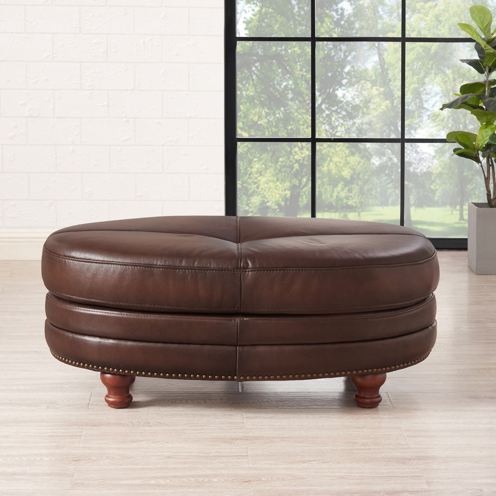 English Elm Belfast Leather Ottoman with Button-Tufted Sides, Nail-Head Trim, Curved Back & Elegant Sloping Arms - Timeless Seating Accent B2705P325739