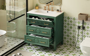 English Elm 30'' Bathroom Vanity with Ceramic Sink, Solid Wood Frame Retro Style Vanity with 3 Drawers & Gold Handles Green N710P246209F