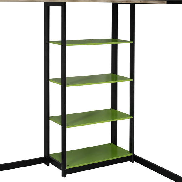 English Elm Full Size Loft Bed with Rgb Lighting Chevron Desk Usb Charging Ports and Storage Shelves Black+Green LT000286AAG