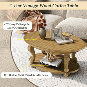 English Elm 42'' Oval Two-tier Wood Cocktail Table with Carved Floral Detail and Open Shelf W1202P318405
