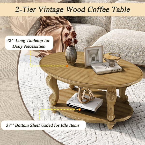 English Elm 42'' Oval Two-tier Wood Cocktail Table with Carved Floral Detail and Open Shelf W1202P318405