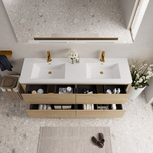 English Elm 72" Floating Double Sink Vanity Glossy White Stone Resin Top Soft Close Storage W1573P211193