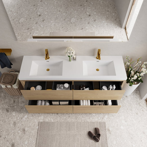 English Elm 72" Floating Double Sink Vanity Glossy White Stone Resin Top Soft Close Storage W1573P211193