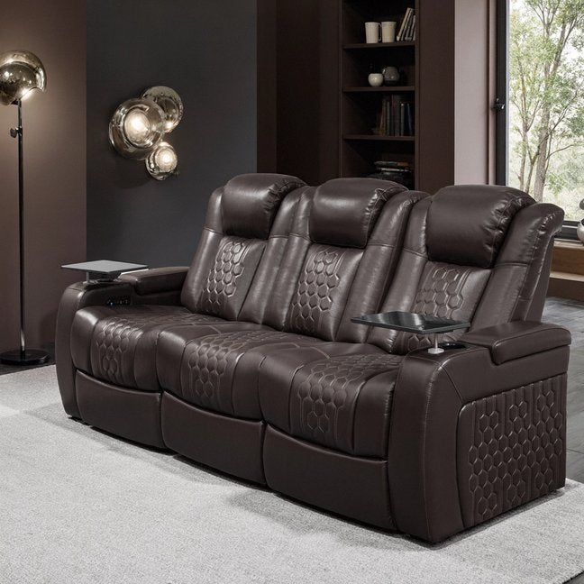 English Elm 86.6"power Recliner Set Genuine Nappa Leather Home Theater Rgb Lighting Usb Charging Coffee W3819S00101