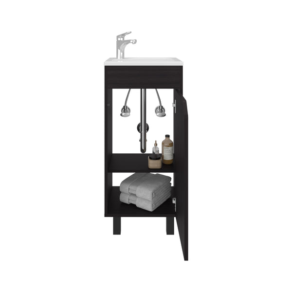 English Elm Bethel Narrow 15.7" One-Door Freestanding Vanity Cabinet with Resin Sink, Two Shelves, Black Compact Storage B200P335377