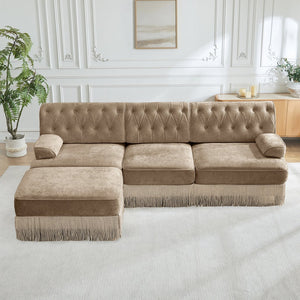English Elm 3-seater Velvet Modular Sectional Sofa with Button Tufting Tassel Skirt Living Room Camel W714S01697