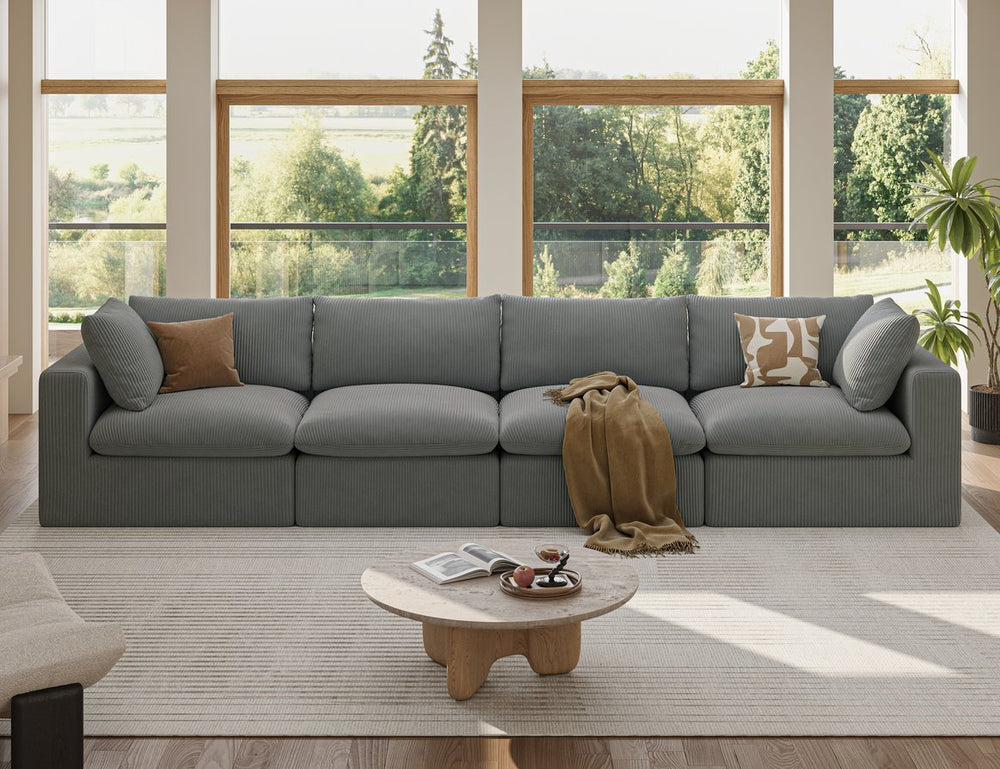 English Elm Modular L Shaped Sectional Sofa in Corduroy Fabric Seats Four with Chaise Lounge Grey W1955S00004