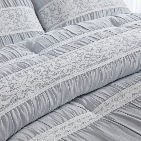 English Elm 7-piece King Jacquard Comforter Set Lace Detail Chambray Cottage Bedroom Ensemble Blue B035P482887