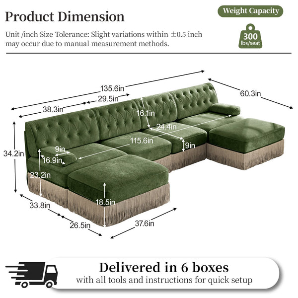 English Elm 4-seater Modular Sectional with Ottomans Tufted Fleece Sofa Tassel Skirt Retro Luxe Green W714S01714