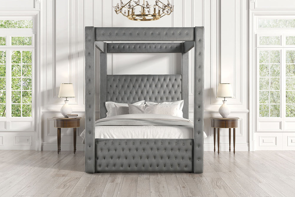 English Elm 1pc Queen Poster Bed Gray Flannelette Tufted Frame Bluetooth Speakers Usb Charging B2741S00935