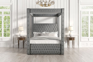 English Elm 1pc Gray Flannelette Four Poster Bed Tufted Upholstered Frame with Usb and Bluetooth B2741S00936
