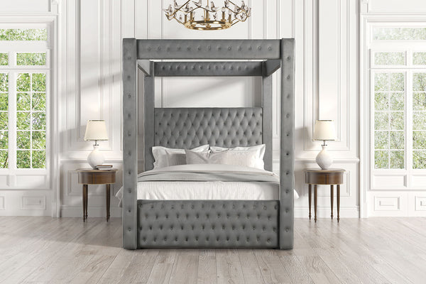 English Elm 1pc Gray Flannelette Four Poster Bed Tufted Upholstered Frame with Usb and Bluetooth B2741S00936