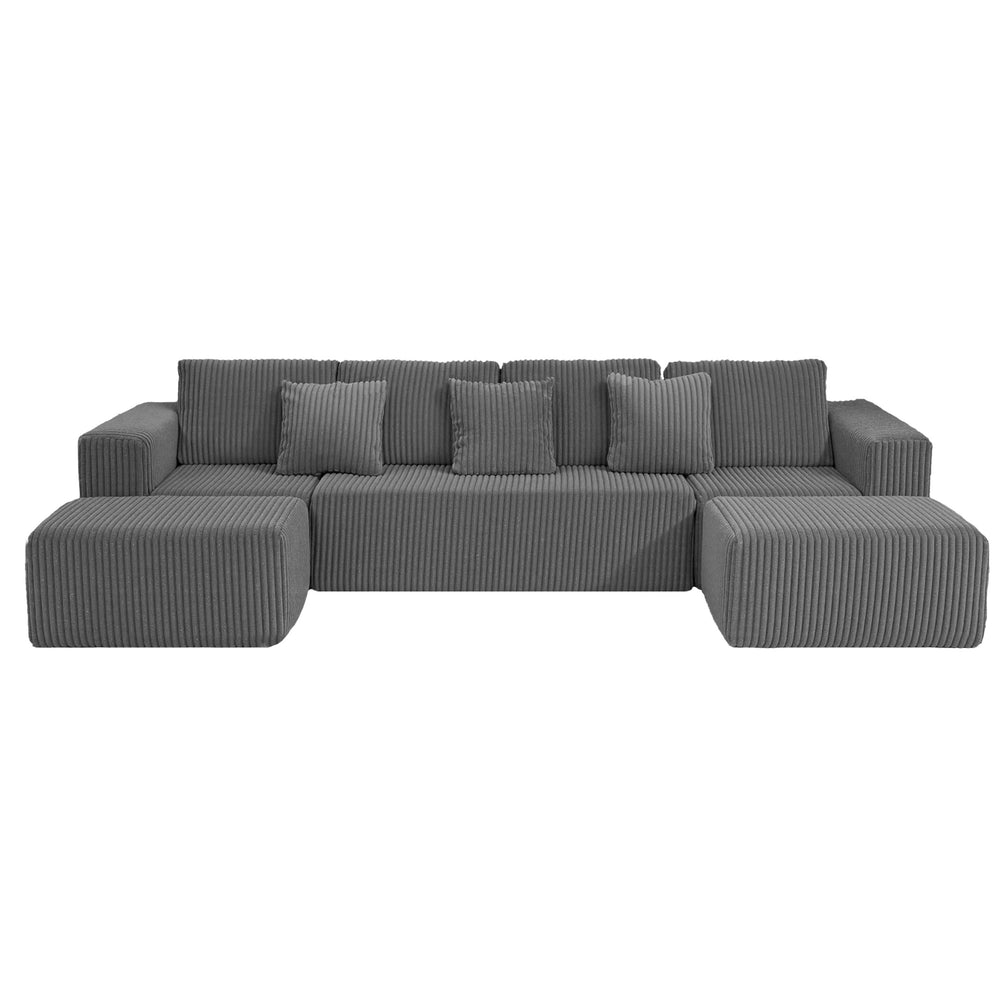 English Elm Modular U-Shaped Sectional Sofa, 132-Inch 4-Seater With Reversible Chaise In Gray Striped Corduroy Fabric For Ultimate Comfort And Style In Your Living Room Or Bedroom W3276S00017