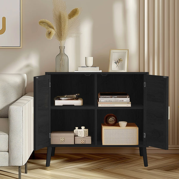 English Elm Buffet Cabinet Rattan Door Panels Solid Wood Feet Farmhouse Style Entryway Storage Black W2386P207791