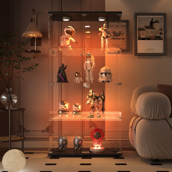 English Elm Tempered Glass Display Cabinet With Multi-Color Led Lights, Lockable Storage, & Adjustable Feet W3155S00001-GIGA