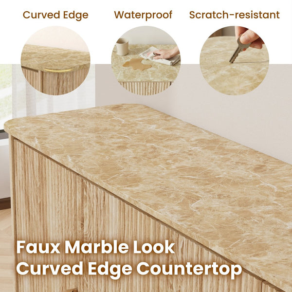 English Elm 60'' Fluted Oak Credenza with Faux Marble Top and Gold Trim Four Door Buffet Natural Wood W5216P454717