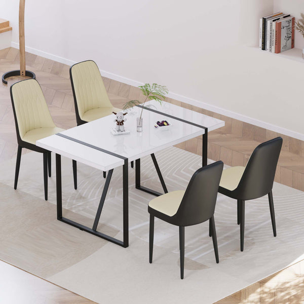 English Elm 55 Modern 4-Person MDF Dining Table Set with Sturdy Black Metal Legs and Padded PU Chairs for Families Beige+Black,White W2189S00731