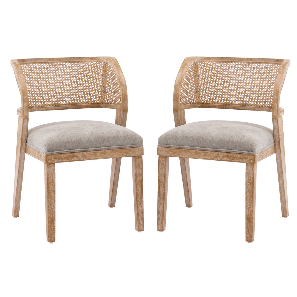 English Elm Upholstered Rattan Back Dining Chairs Solid Rubberwood Farmhouse Boho Set of 2 N776P394378D