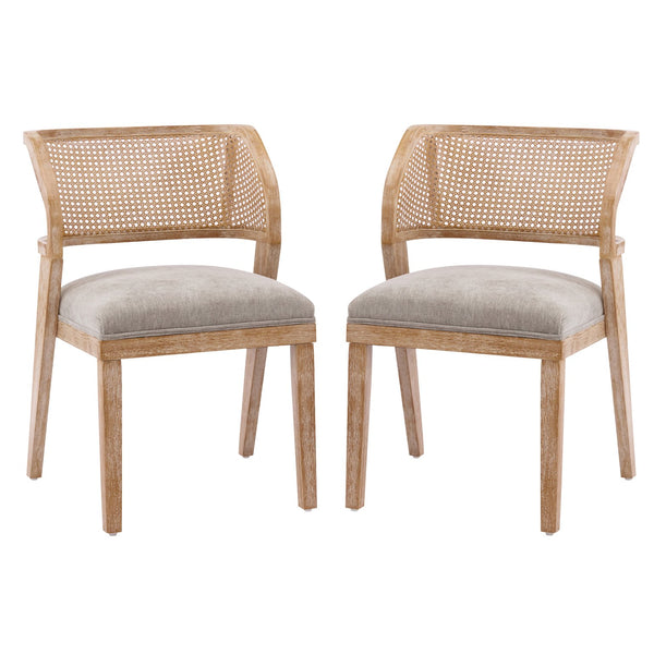 English Elm Upholstered Rattan Back Dining Chairs Solid Rubberwood Farmhouse Boho Set of 2 N776P394378D